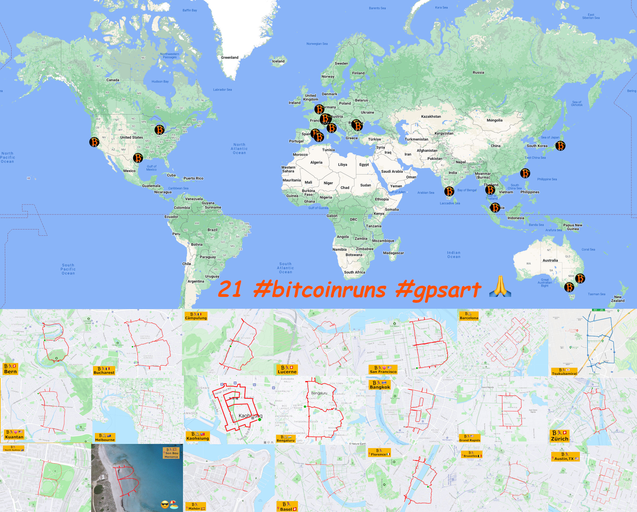 21 #bitcoinruns #gpsart on world map