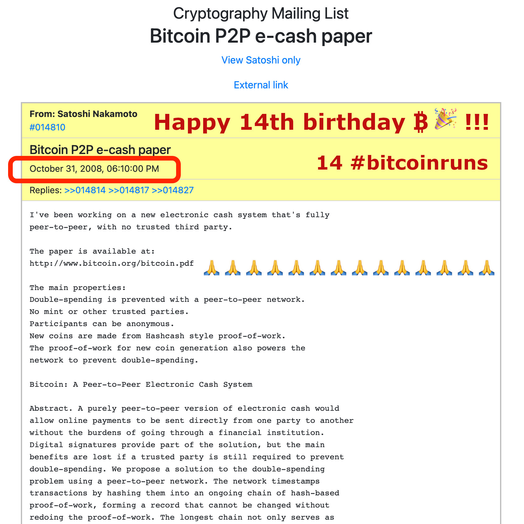 Bitcoin Publishing Email 31 October 2008